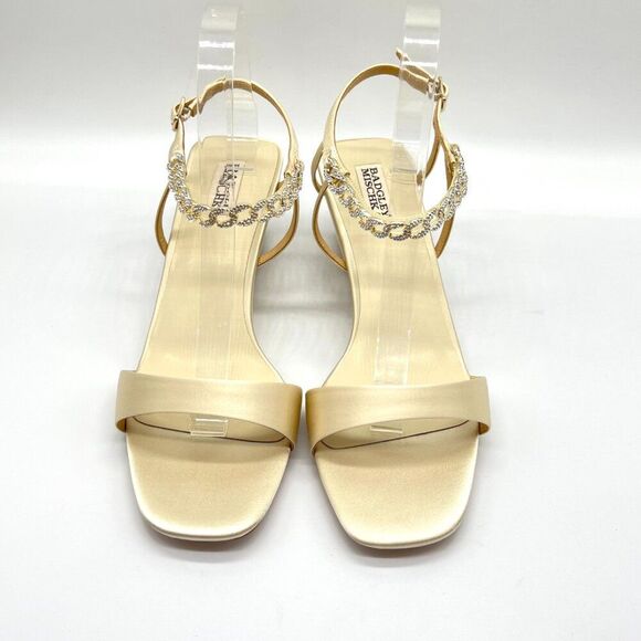 Badgley Mischka Size 9.5 Ivory Satin Jeweled Wedges Dress‎ Sandals Heels Shoes - Picture 2 of 14